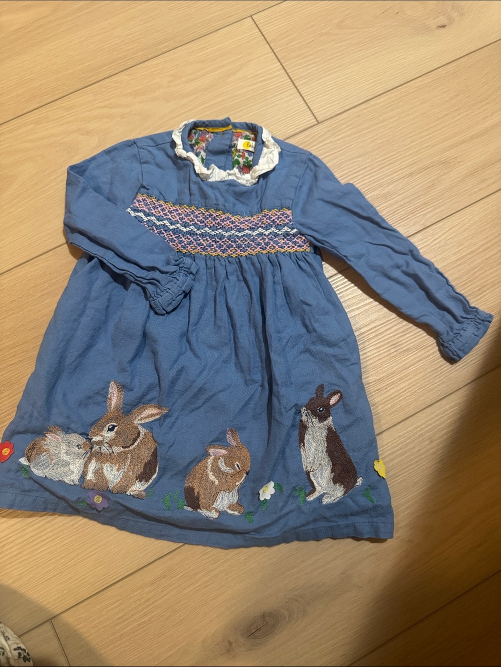 Mini Boden Blue Long-Sleeve Dress with Bunny Embroidery